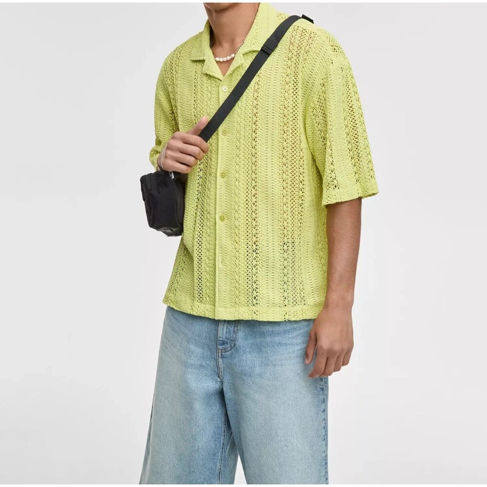 MODE OF ONE Button Camp Shirt Mens XXL Bright Green Crochet Knit Relaxed Fit